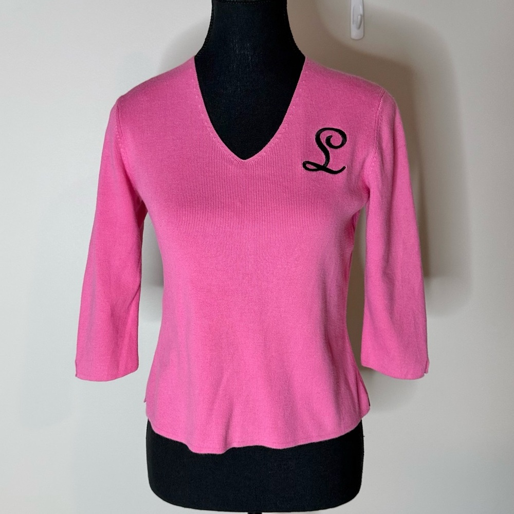 DESIGNERS ORIGINALS PETITE Pink V Neck Knit Pullover Sweater L Embroidered Small - Picture 4 of 10
